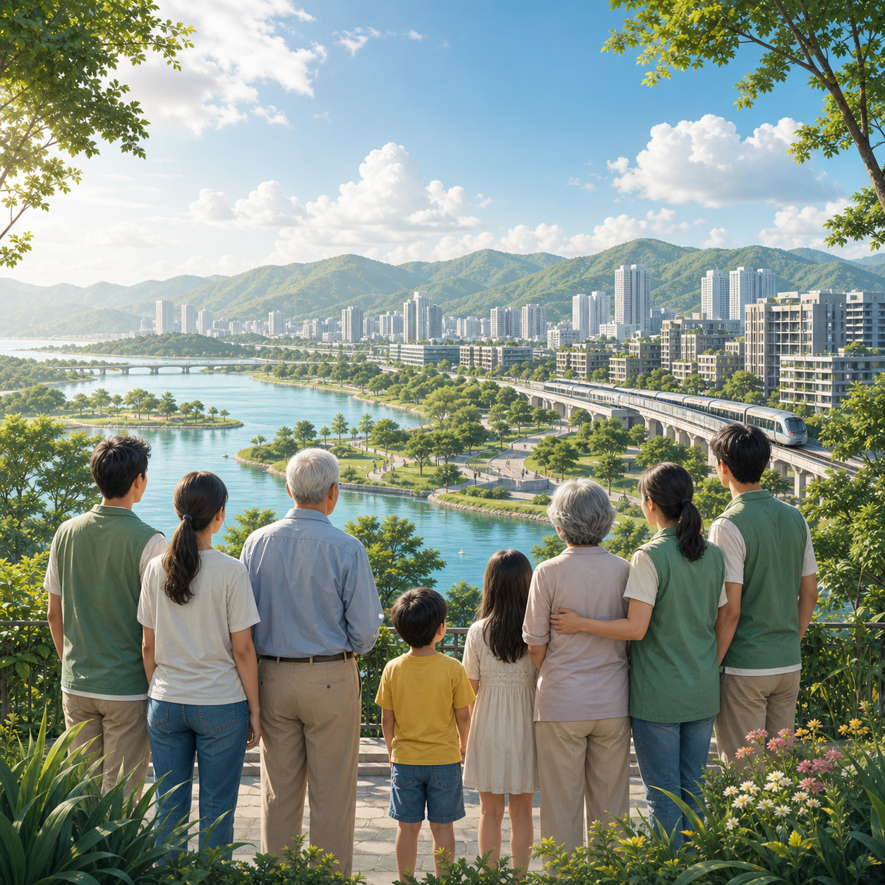 一家人在北部都會區海濱步道眺望城市與綠化景觀